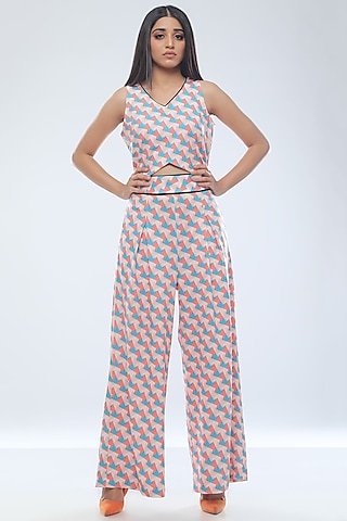 Orange Printed Crop Top With Pants by Platform 9