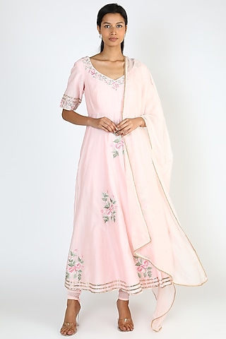 Pink Dogwood Embroidered Kalidar Kurta Set by Pallavi Goyal
