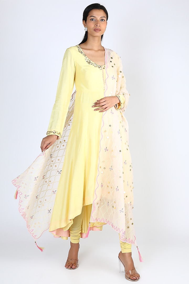 Lemon Meringue Embroidered Kalidar Kurta Set by Pallavi Goyal