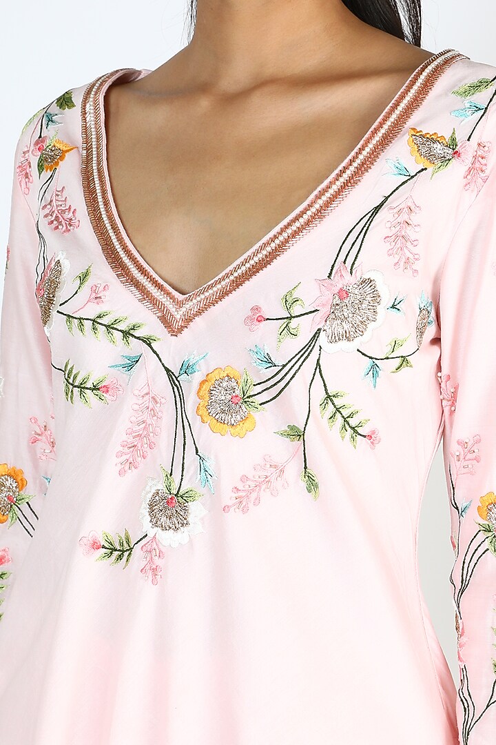 Pink Dogwood Embroidered Asymmetrical Kurta Set by Pallavi Goyal at Pernia's Pop Up Shop