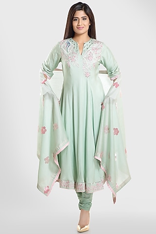 Green Lily Embroidered Kalidar Kurta Set by Pallavi Goyal