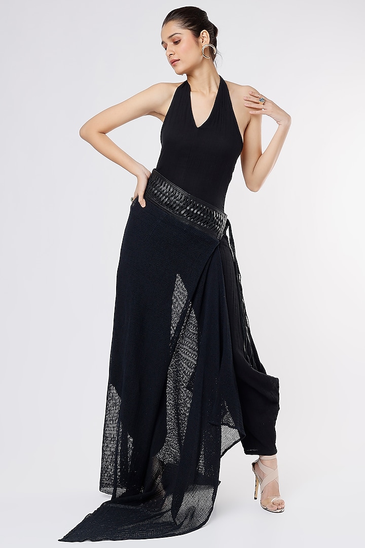 Black Cotton Jumpsuit With Drape by Priyanka Gangwal