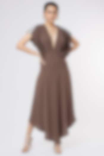 Brown Crepe Pleated & Panelled Dress by Priyanka Gangwal