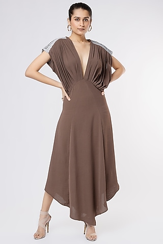Brown Crepe Pleated & Panelled Dress by Priyanka Gangwal