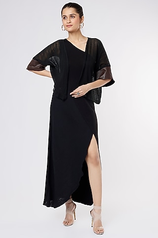 Black Cotton Dress With Shrug by Priyanka Gangwal