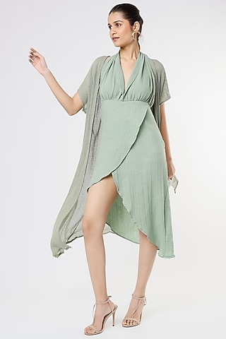 Teal Double Crepe Halter Neck Dress by Priyanka Gangwal