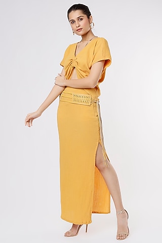 Mustard Crushed Cotton Skirt Set by Priyanka Gangwal