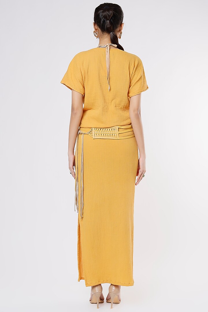 Mustard Crushed Cotton Skirt Set by Priyanka Gangwal at Pernia's Pop Up Shop
