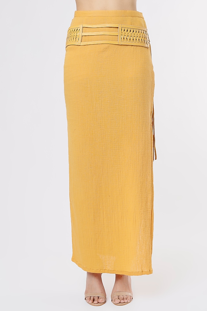 Mustard Crushed Cotton Skirt Set by Priyanka Gangwal at Pernia's Pop Up Shop