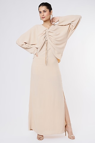 Nude Double Crepe Dress With Oversized Top by Priyanka Gangwal