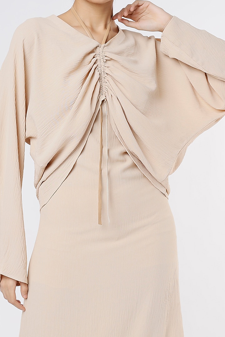 Nude Double Crepe Vacation Dress With Oversized Top by Priyanka Gangwal at Pernia's Pop Up Shop
