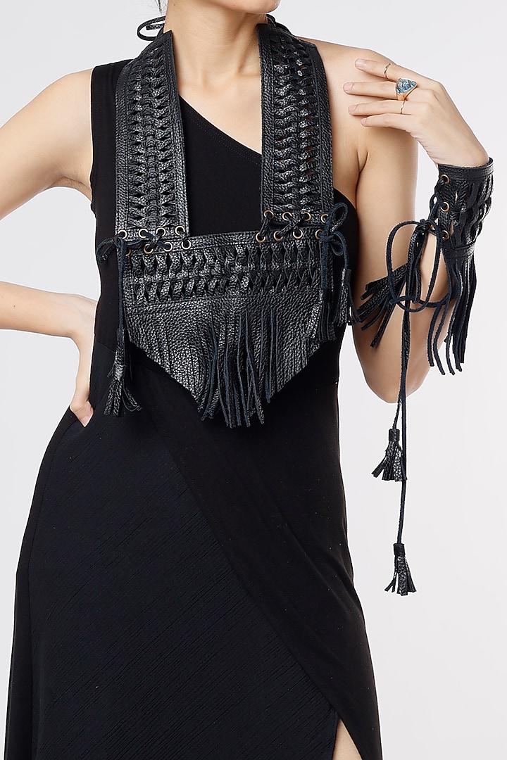 Black Leather Neckpiece & A Cuff by Priyanka Gangwal at Pernia's Pop Up Shop