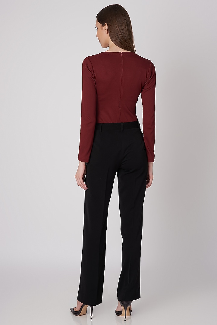 Wine Ribbed Bodysuit With Shoulder Flaps by Priyanka Gangwal at Pernia's Pop Up Shop