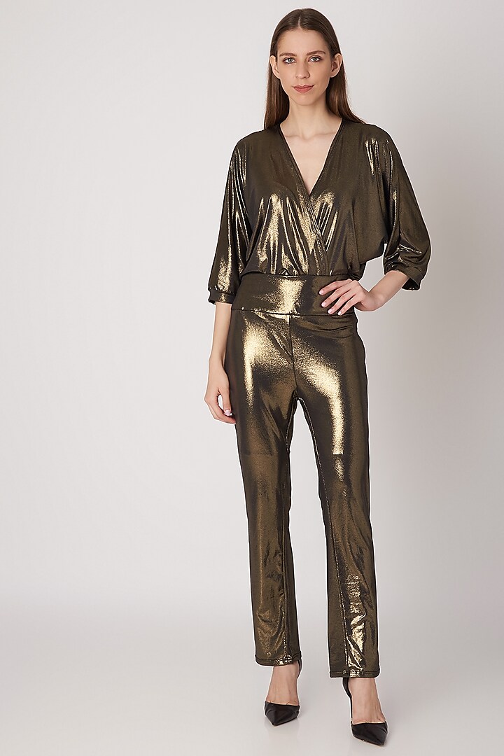 Gold Metallic Draped Bodysuit by Priyanka Gangwal at Pernia's Pop Up Shop