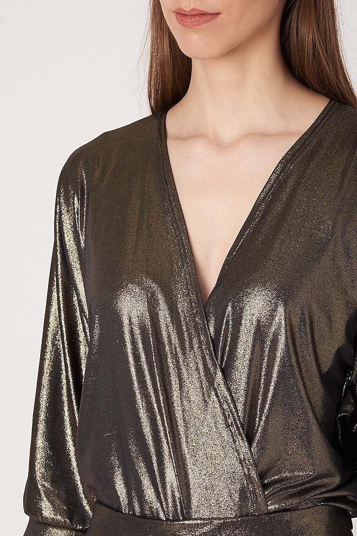 Gold Metallic Draped Bodysuit by Priyanka Gangwal at Pernia's Pop Up Shop