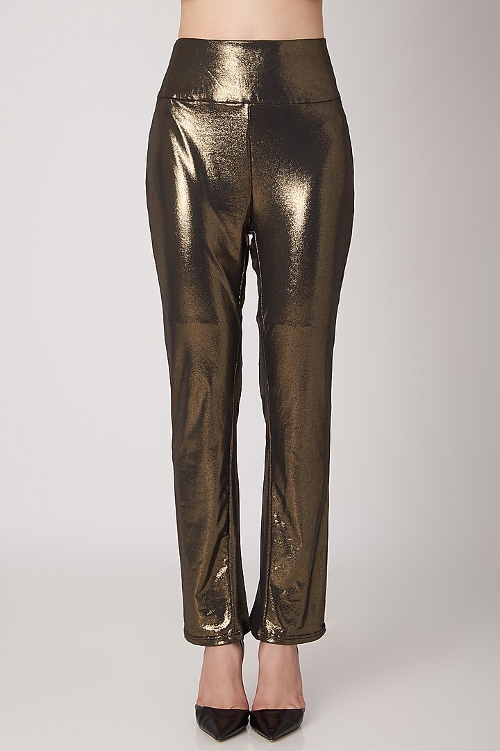Gold Metallic Straight Fit Trousers by Priyanka Gangwal at Pernia's Pop Up Shop