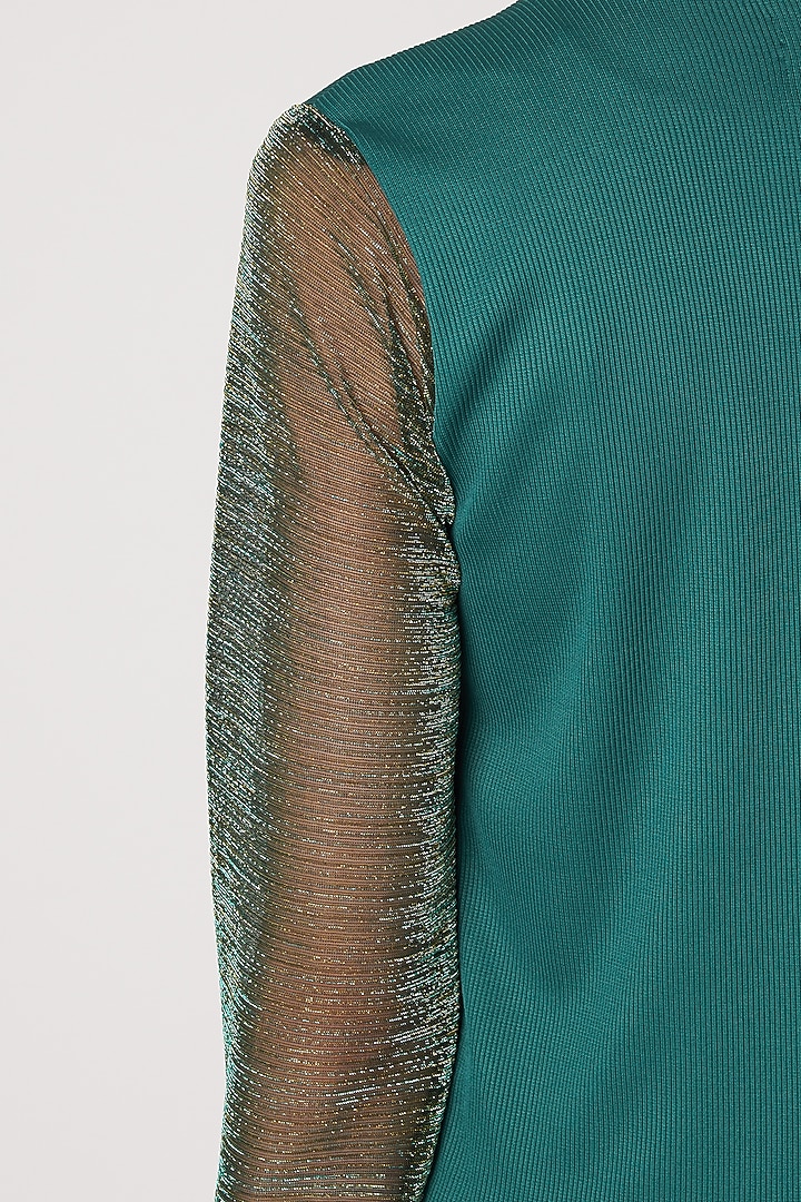 Turquoise Shimmery Bomber Jacket by Priyanka Gangwal at Pernia's Pop Up Shop