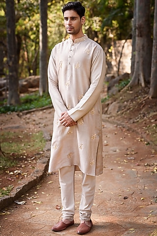 Champagne Gold Embroidered Kurta Set by Prathyusha Garimella Men