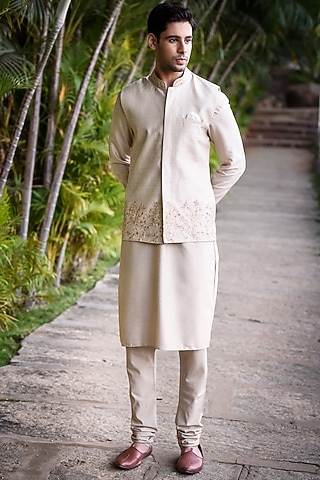 Champagne Gold Kurta Set WIth Bundi Jacket by Prathyusha Garimella Men