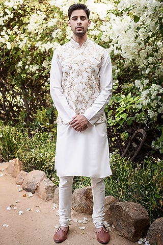 Ivory Kurta Set WIth Bundi Jacket by Prathyusha Garimella Men