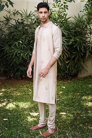Champagne Gold Raw Silk Jacket Set by Prathyusha Garimella Men