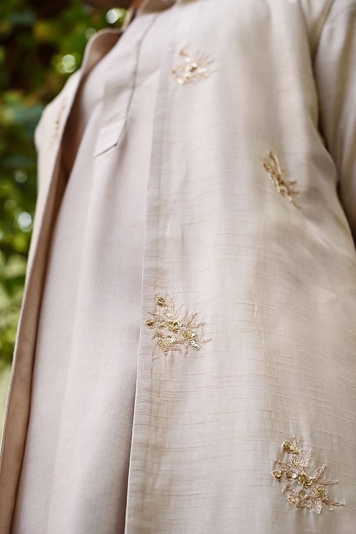 Champagne Gold Raw Silk Jacket Set by Prathyusha Garimella Men at Pernia's Pop Up Shop