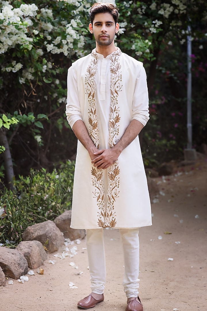 Ivory Raw Silk Jacket Set by Prathyusha Garimella Men