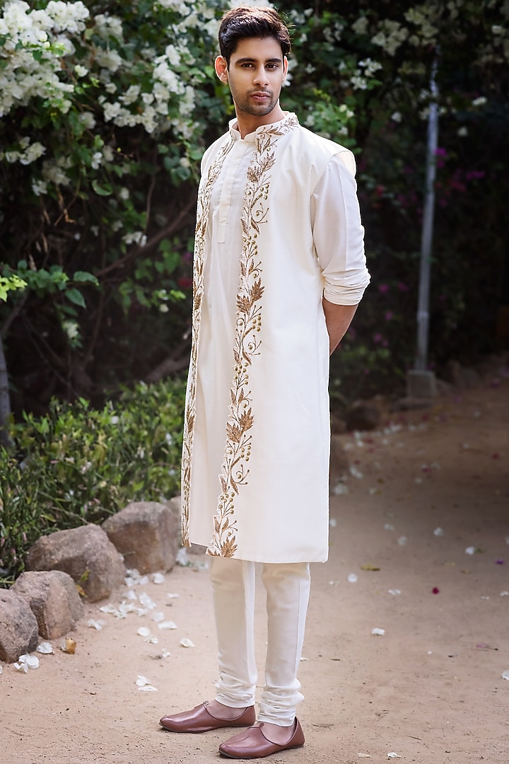 Ivory Raw Silk Jacket Set by Prathyusha Garimella Men at Pernia's Pop Up Shop