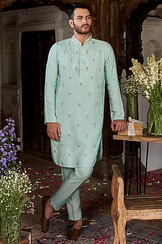 Baby Blue Raw Silk Kurta Set by Prathyusha Garimella Men
