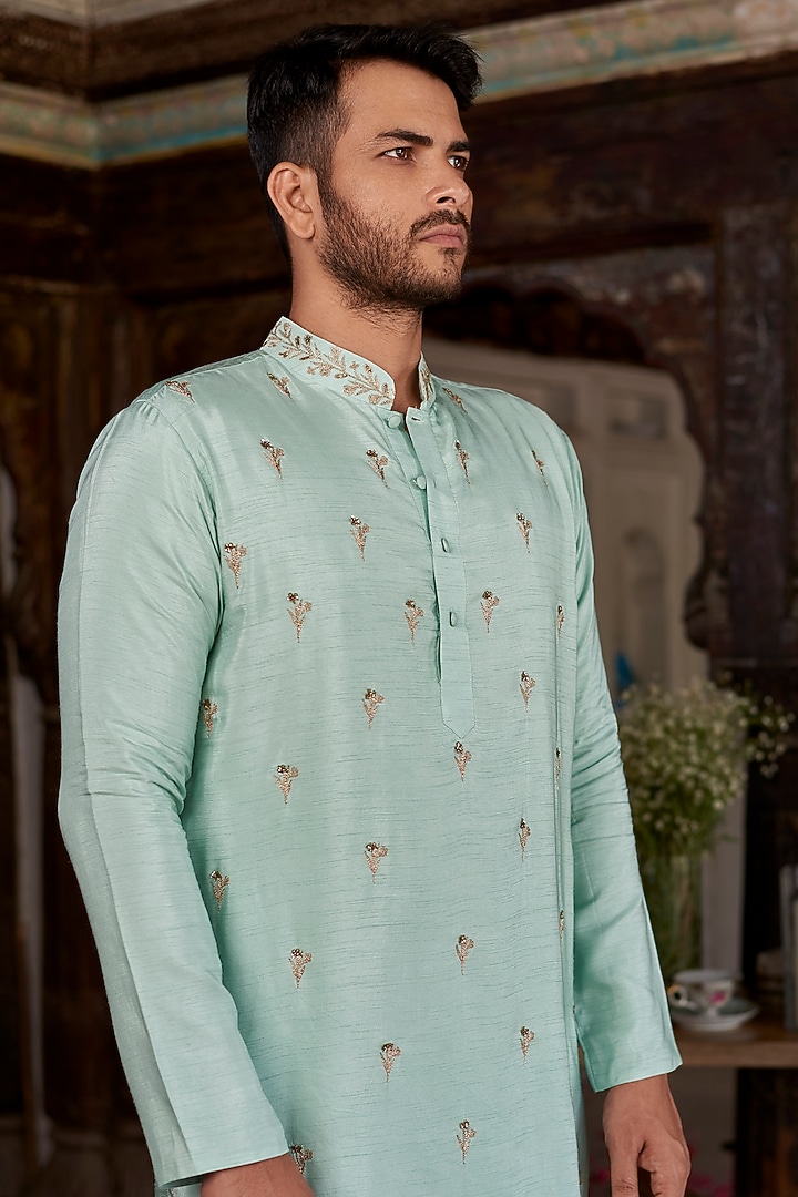 Baby Blue Raw Silk Kurta Set by Prathyusha Garimella Men at Pernia's Pop Up Shop