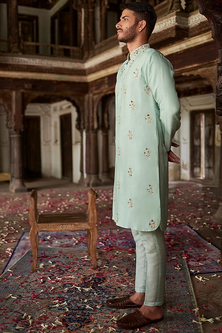 Baby Blue Raw Silk Kurta Set by Prathyusha Garimella Men