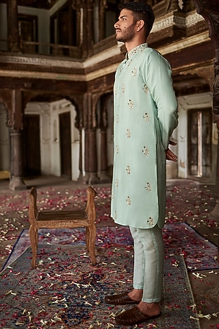 Baby Blue Raw Silk Kurta Set by Prathyusha Garimella Men