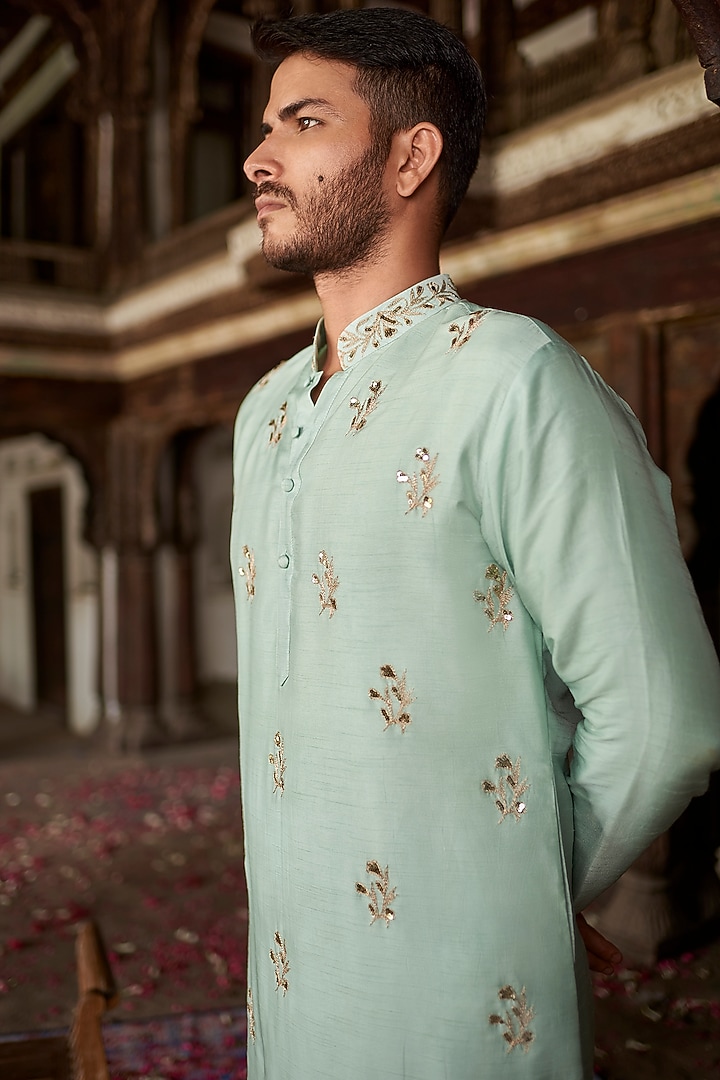 Baby Blue Raw Silk Kurta Set by Prathyusha Garimella Men at Pernia's Pop Up Shop