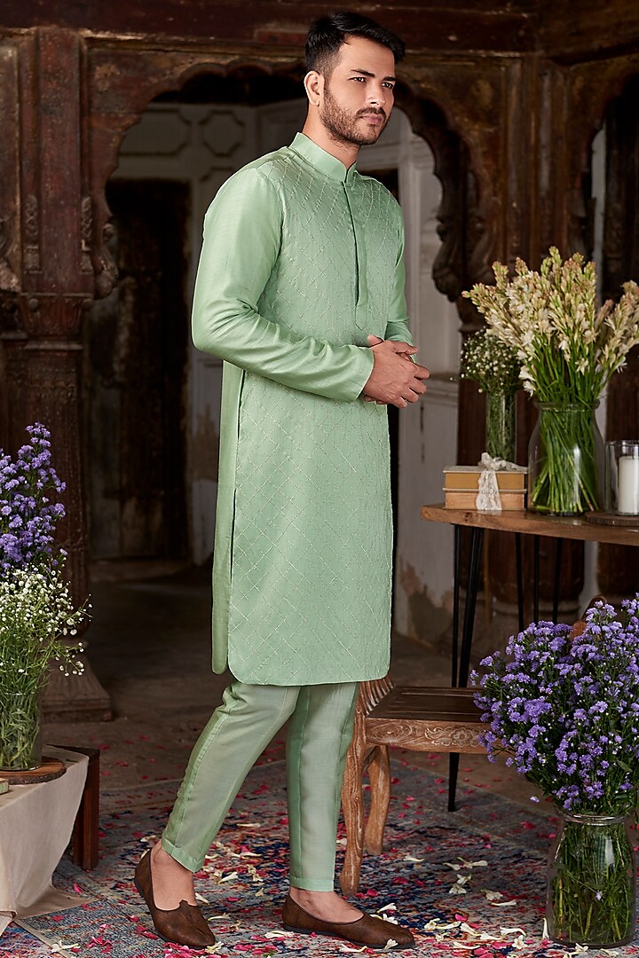 Green Cotton Silk Kurta Set by Prathyusha Garimella Men