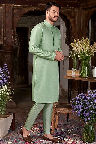 Green Cotton Silk Kurta Set by Prathyusha Garimella Men