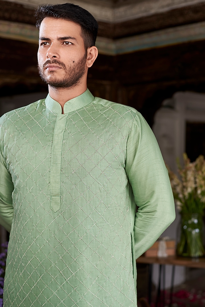 Green Cotton Silk Kurta Set by Prathyusha Garimella Men at Pernia's Pop Up Shop