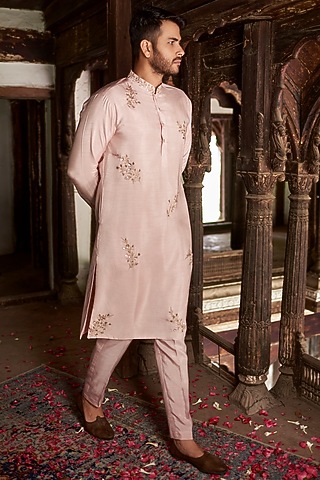 Salmon Pink Raw Silk Kurta Set by Prathyusha Garimella Men
