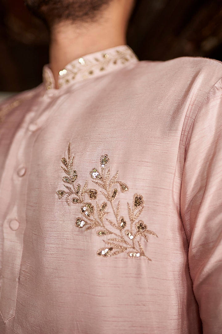 Salmon Pink Raw Silk Kurta Set by Prathyusha Garimella Men at Pernia's Pop Up Shop