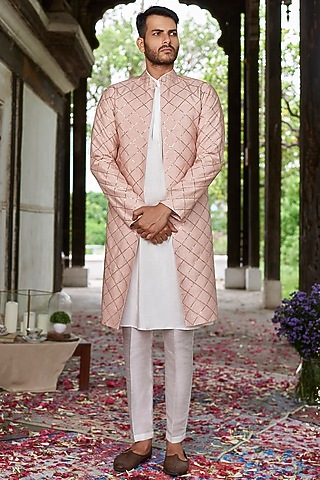 Salmon Pink Raw Silk Jacket Set by Prathyusha Garimella Men
