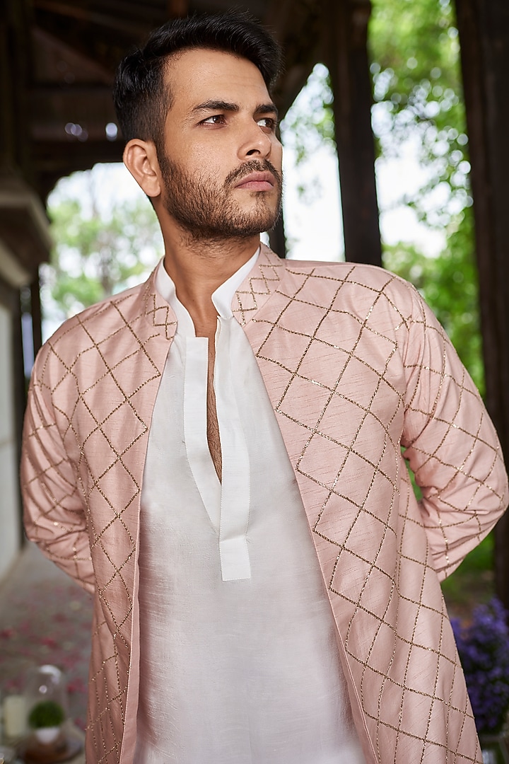 Salmon Pink Raw Silk Jacket Set by Prathyusha Garimella Men at Pernia's Pop Up Shop