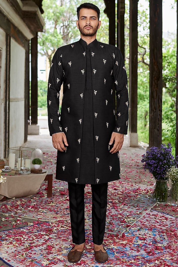 Black Cotton Silk Jacket Set by Prathyusha Garimella Men