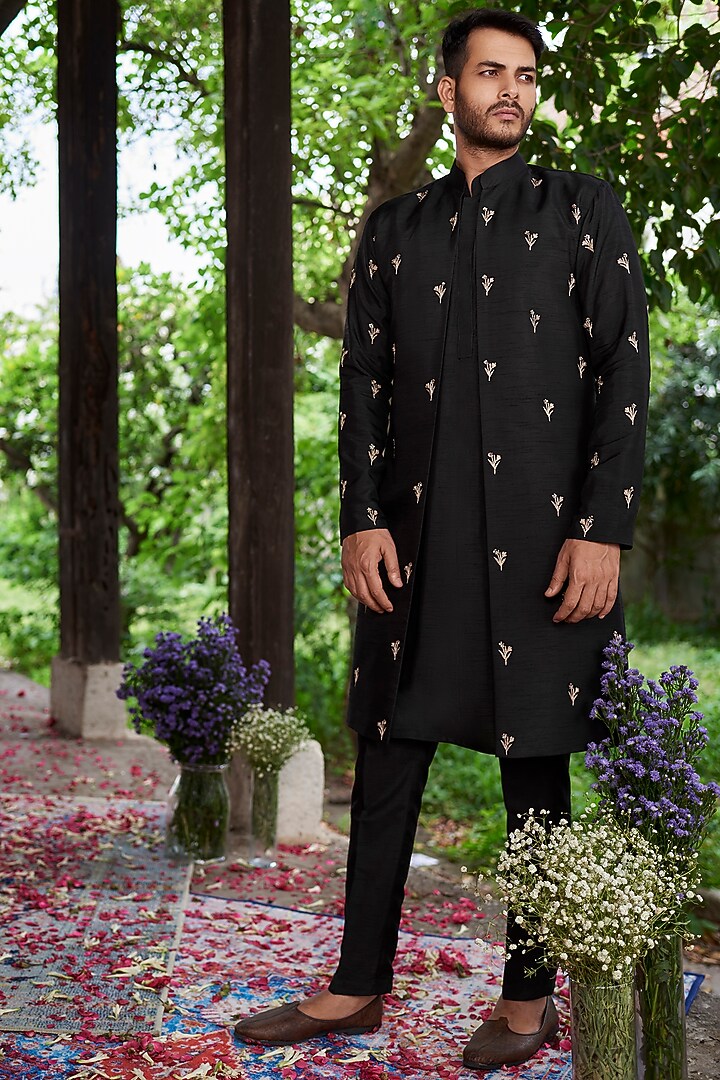 Black Cotton Silk Jacket Set by Prathyusha Garimella Men at Pernia's Pop Up Shop