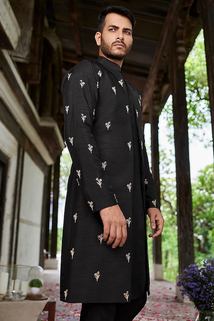 Black Cotton Silk Jacket Set by Prathyusha Garimella Men at Pernia's Pop Up Shop