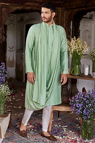 Green Raw Silk Kurta Set by Prathyusha Garimella Men