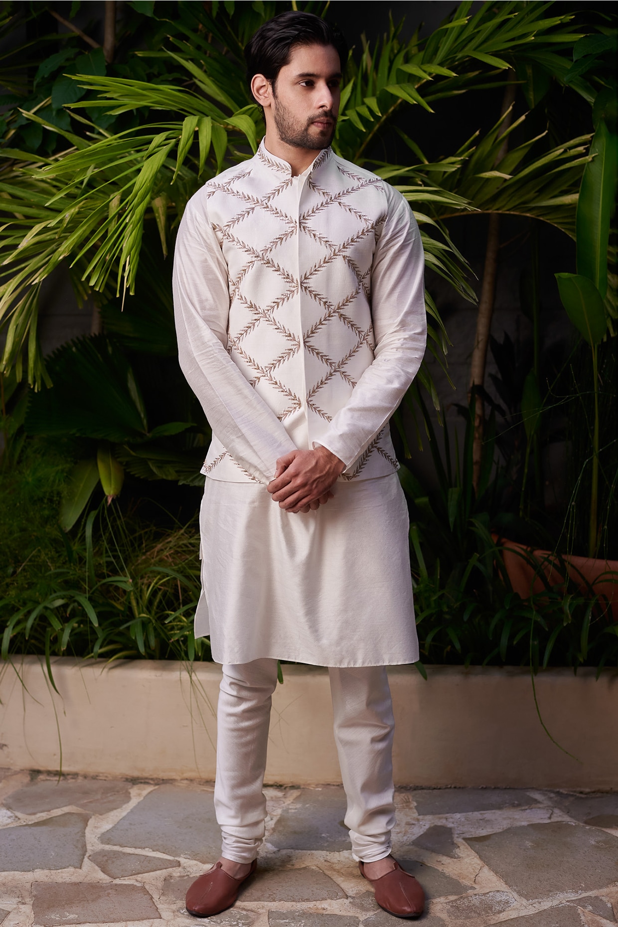 White Raw Silk Bundi Jacket With Kurta 
