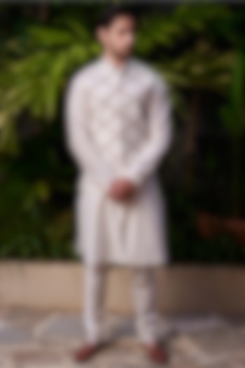 White Raw Silk Bundi Jacket With Kurta Set by Prathyusha Garimella Men
