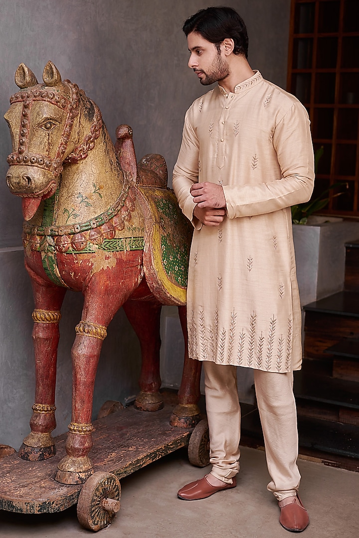 Champagne Gold Cotton Silk Kurta Set by Prathyusha Garimella Men