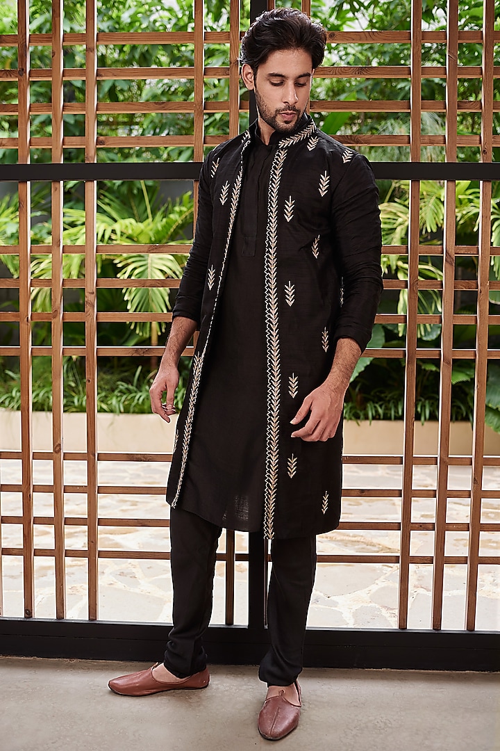 Black Raw Silk Jacket Set by Prathyusha Garimella Men
