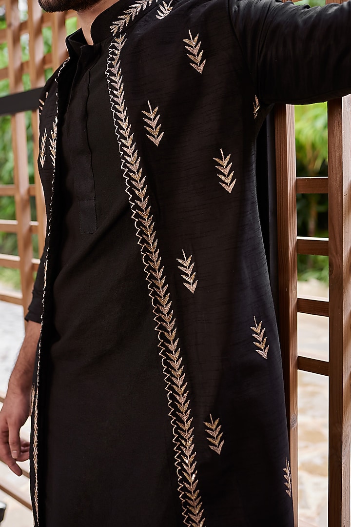Black Raw Silk Jacket Set by Prathyusha Garimella Men at Pernia's Pop Up Shop