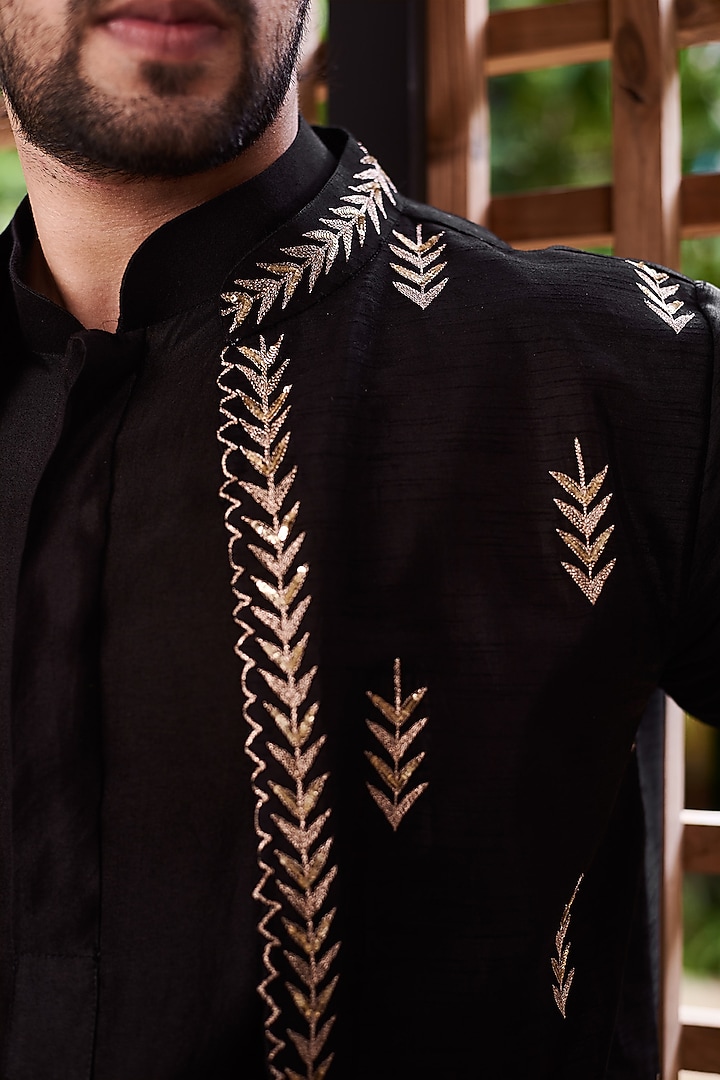 Black Raw Silk Jacket Set by Prathyusha Garimella Men at Pernia's Pop Up Shop